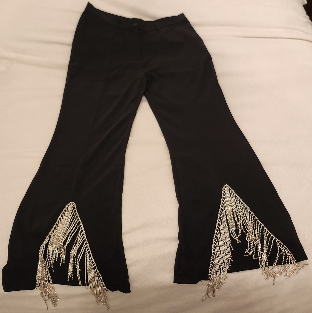 Black rhinestone fringe slit flare pants
